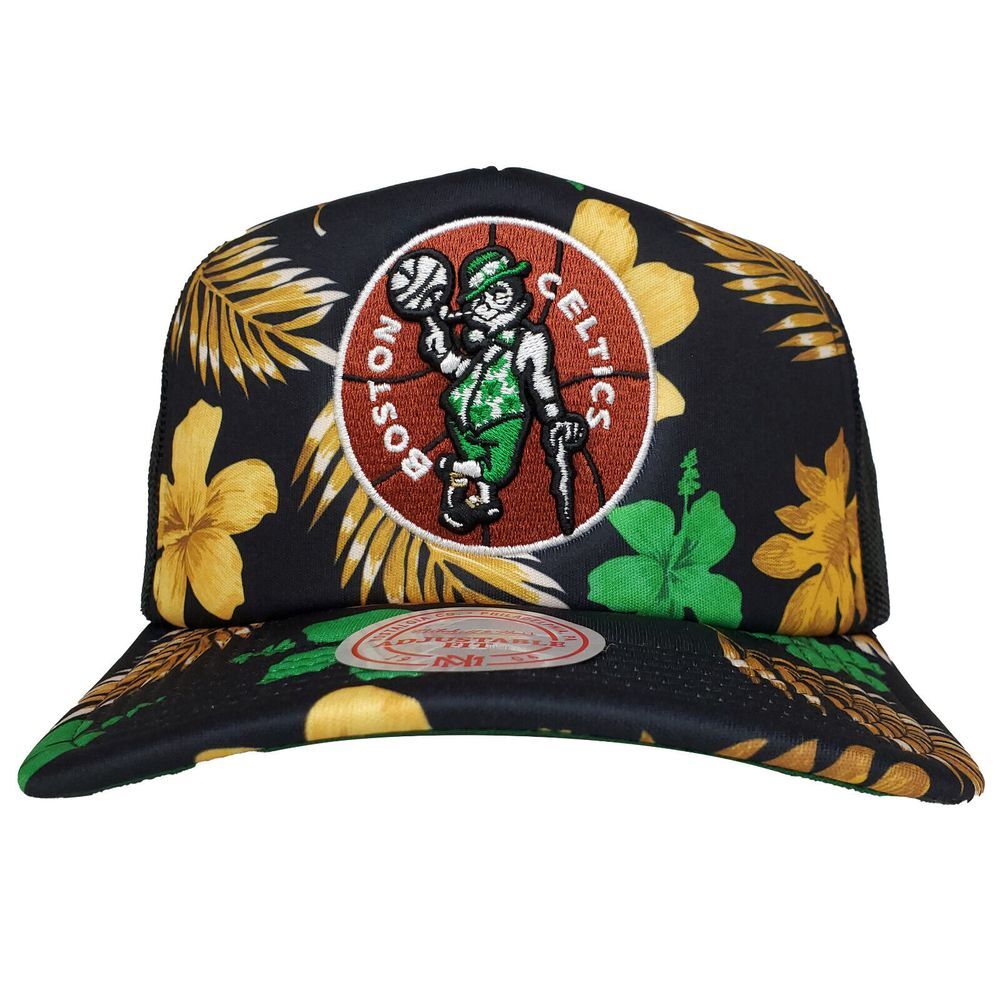 Boston Celtics Mitchell & Ness Trucker Snapback Hat Cap 3D Logo Black Floral NWT